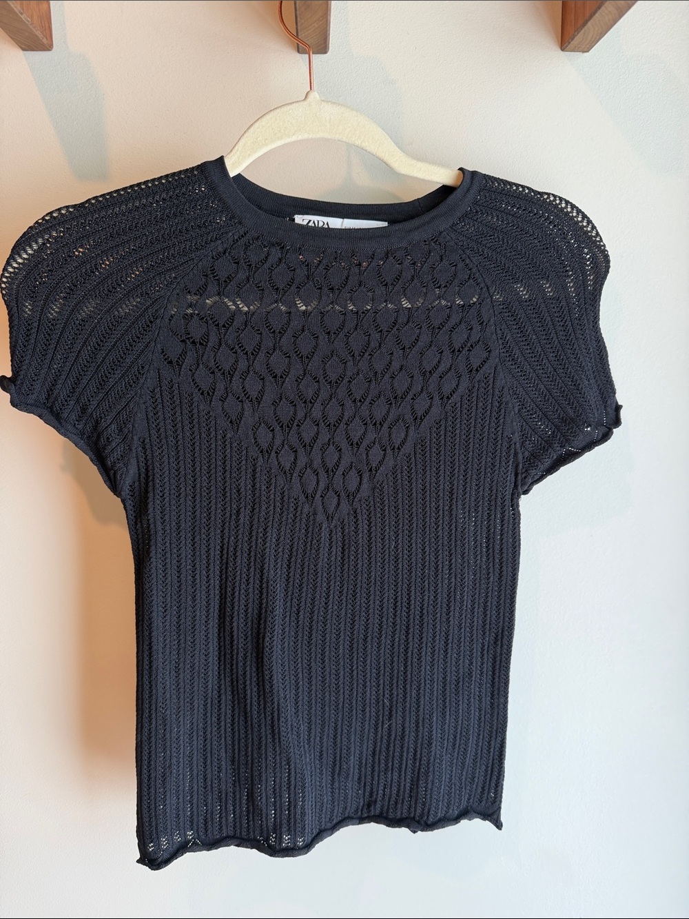 Zara Black Short-Sleeve Knit Top with Openwork Detail